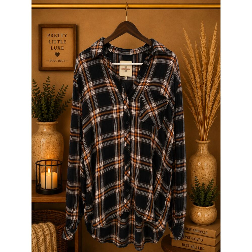 Casa Cabana Plaid Flannel High Low Button Up Shirt- Medium
